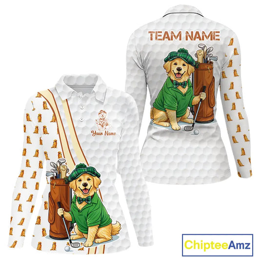 Funny Womens golf polo shirts custom Golden retriever golf pattern white ladies golf shirts NQS11519