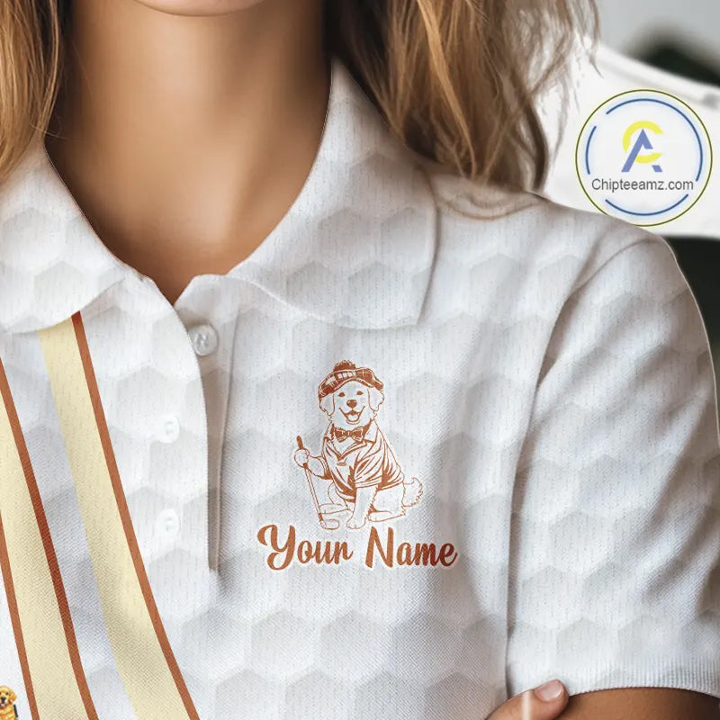 Funny Womens golf polo shirts custom Golden retriever golf pattern white ladies golf shirts NQS11519