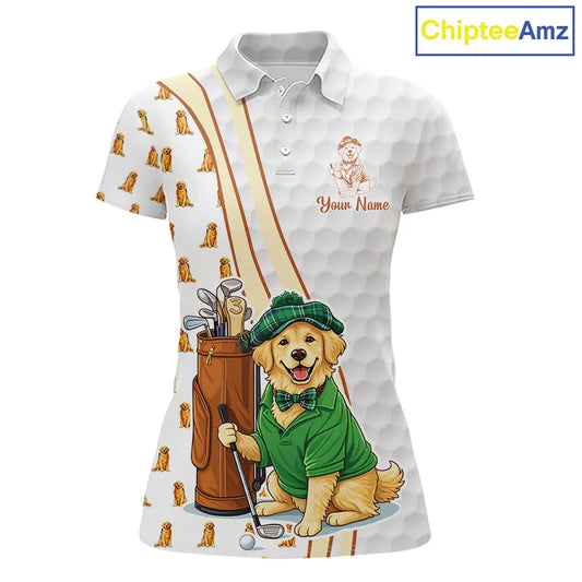 Funny Womens golf polo shirts custom Golden retriever golf pattern white ladies golf shirts NQS11519