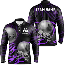Load image into Gallery viewer, Black Men Bowling polo, quarter zip shirt Custom Skull bowling ball Men's Team League Jersey | Purple NQS7665