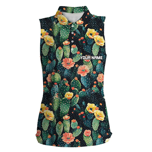 Personalized colorful cactus flower pattern Womens sleeveless polo shirt custom cactus golf shirt NQS8318