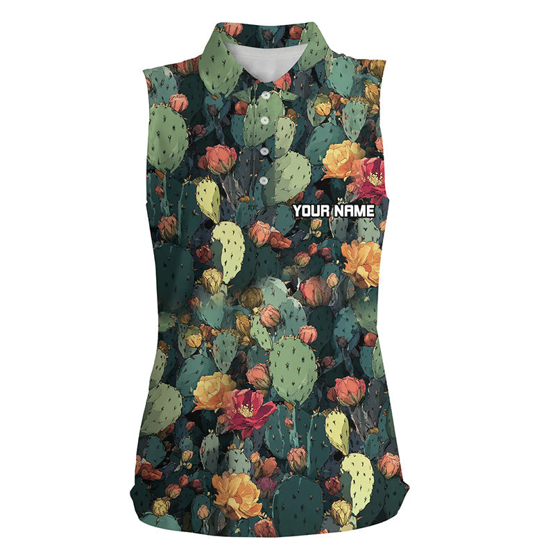 Personalized green cactus flower pattern Womens sleeveless polo shirt custom cactus golf shirt NQS8319