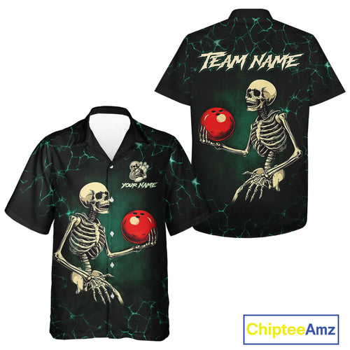 Black and Green Lightning Skull Bowling Hawaiian Shirt Custom Bowling Team Outfit NQS10921