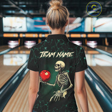 Load image into Gallery viewer, Black and Green Lightning Skull Bowling Polo, Quarter zip shirts For Women Custom Bowling Team Outfit NQS10921