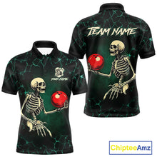 Load image into Gallery viewer, Black and Green Lightning Skull Bowling Polo, Quarter zip shirts For Men Custom Bowling Team Outfit NQS10921