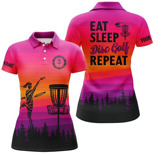 Gradient pattern Women Disc golf polo shirts custom Eat sleep Disc golf repeat frisbee golf jerseys NQS8999