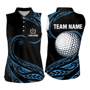 Black and Blue Tribal Pattern Golf Ball Women Sleeveless Polo Shirt custom unique ladies golf apparel NQS9232