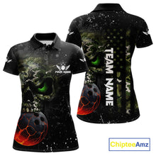 Load image into Gallery viewer, Black and Green Camo grunge American Flag Skull Bowling Shirts for Women Custom Bowling Team jerseys NQS11294