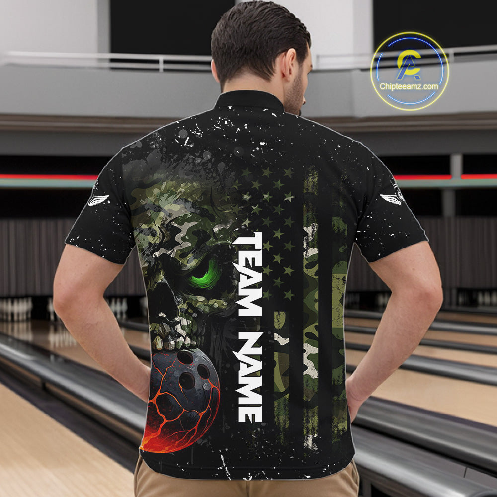 Black and Green Camo grunge American Flag Skull Bowling Shirts for Men Custom Bowling Team jerseys NQS11294