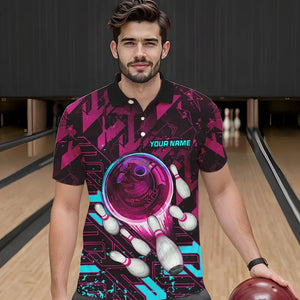 Bowling Polo, Quarter Zip Shirt For Men Custom pink and blue abstract Bowling Team league Jerseys NQS9423