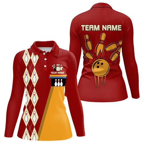 Red & Yellow Retro Bowling Polo, Quarter Zip shirt for Women Custom vintage team bowling jersey NQS9579
