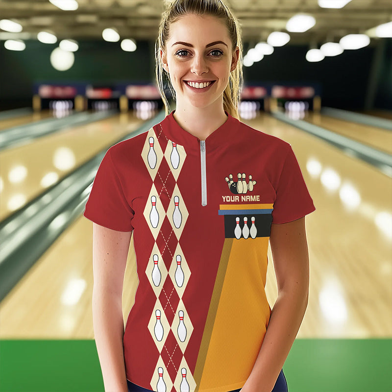 Red & Yellow Retro Bowling Polo, Quarter Zip shirt for Women Custom vintage team bowling jersey NQS9579