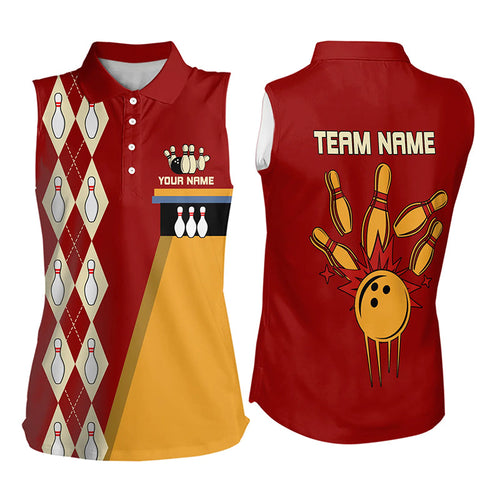 Red & Yellow Retro Women Sleeveless Polo Shirt Custom vintage team bowling jersey NQS9579