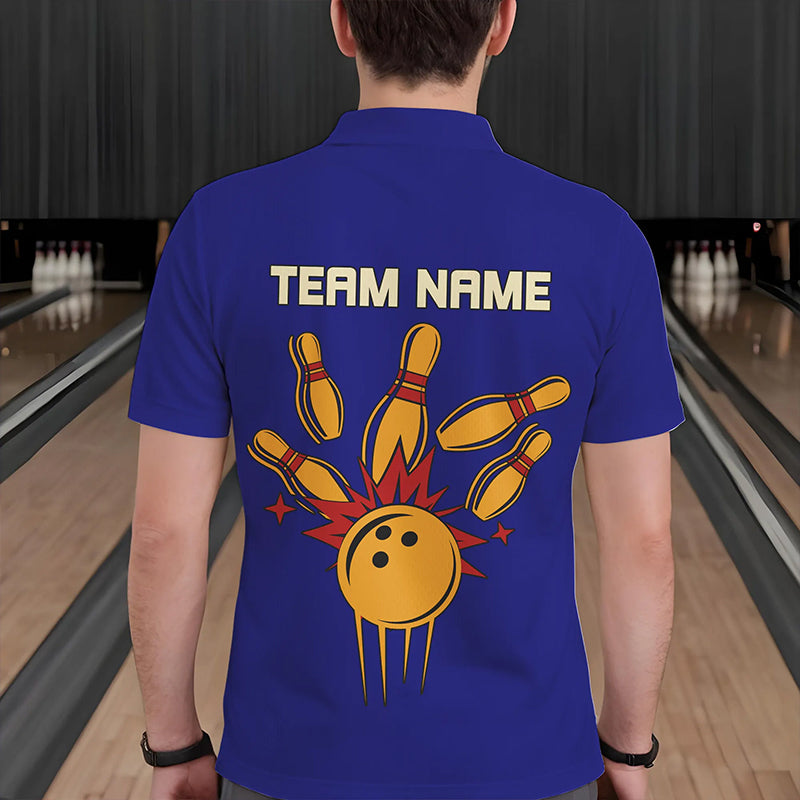 Blue & Yellow Retro Bowling Polo, Quarter Zip shirt for Men Custom vintage team bowling jersey NQS9583