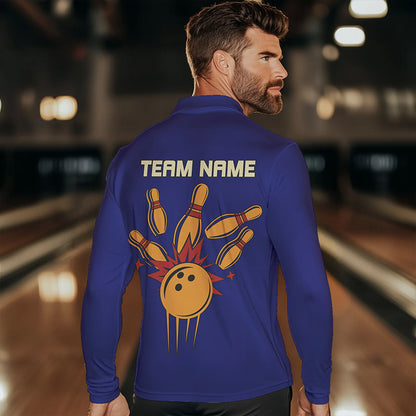 Blue & Yellow Retro Bowling Polo, Quarter Zip shirt for Men Custom vintage team bowling jersey NQS9583
