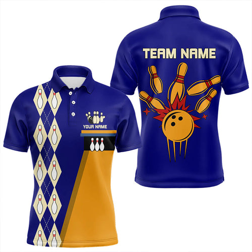 Blue & Yellow Retro Bowling Polo, Quarter Zip shirt for Men Custom vintage team bowling jersey NQS9583