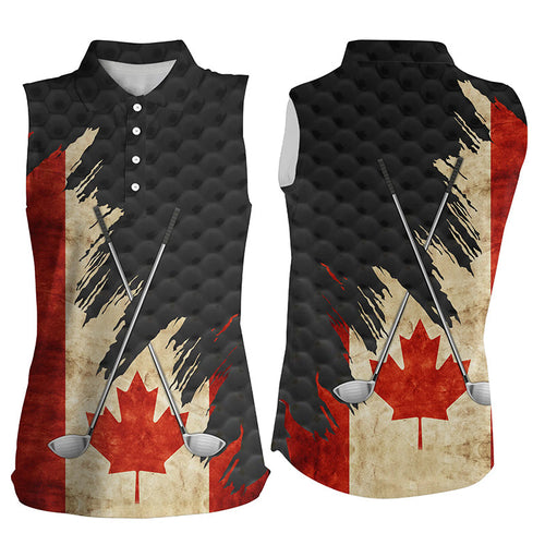 Vintage Canadian flag golf clubs patriotic black Womens sleeveless polo shirts, team ladies golf tops NQS7876