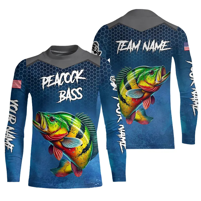 Blue camo Peacock Bass fishing Custom performance long sleeve team Bass fishing tournament shirts NQS9240