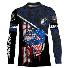 Load image into Gallery viewer, American Flag funny angry Bass fishing blue camo Custom Name Fishing Shirts NQS2995