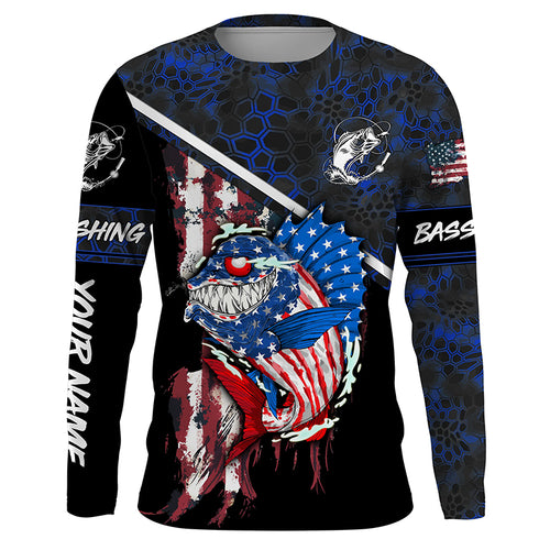 American Flag funny angry Bass fishing blue camo Custom Name Fishing Shirts NQS2995