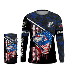 Load image into Gallery viewer, American Flag funny angry Bass fishing blue camo Custom Name Fishing Shirts NQS2995