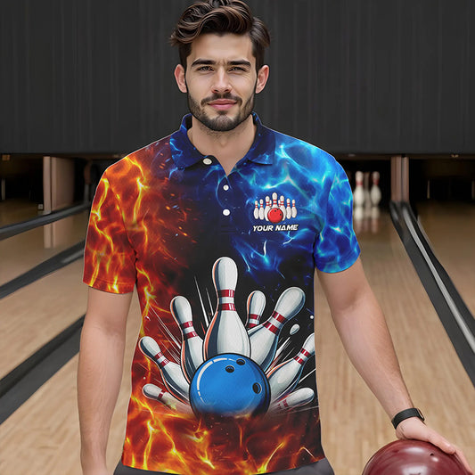 Custom Blue and Orange Flame Bowling Polo, Quarter Zip Shirts For Men, Bowling Team Jerseys NQS9592