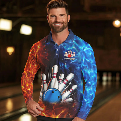 Custom Blue and Orange Flame Bowling Polo, Quarter Zip Shirts For Men, Bowling Team Jerseys NQS9592