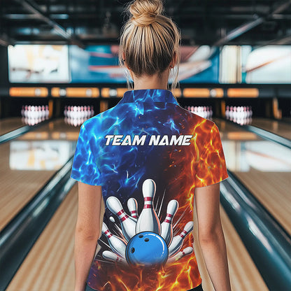 Custom Blue and Orange Flame Bowling Polo, Quarter Zip Shirts For Women, Bowling Team Jerseys NQS9592