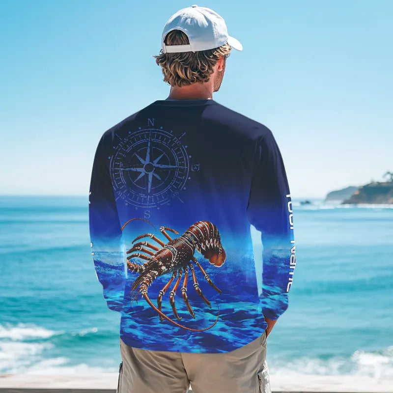 Personalized Florida Spiny Lobster Blue Performance Fishing Shirt, compass Lobster tournament Shirts NQS9735