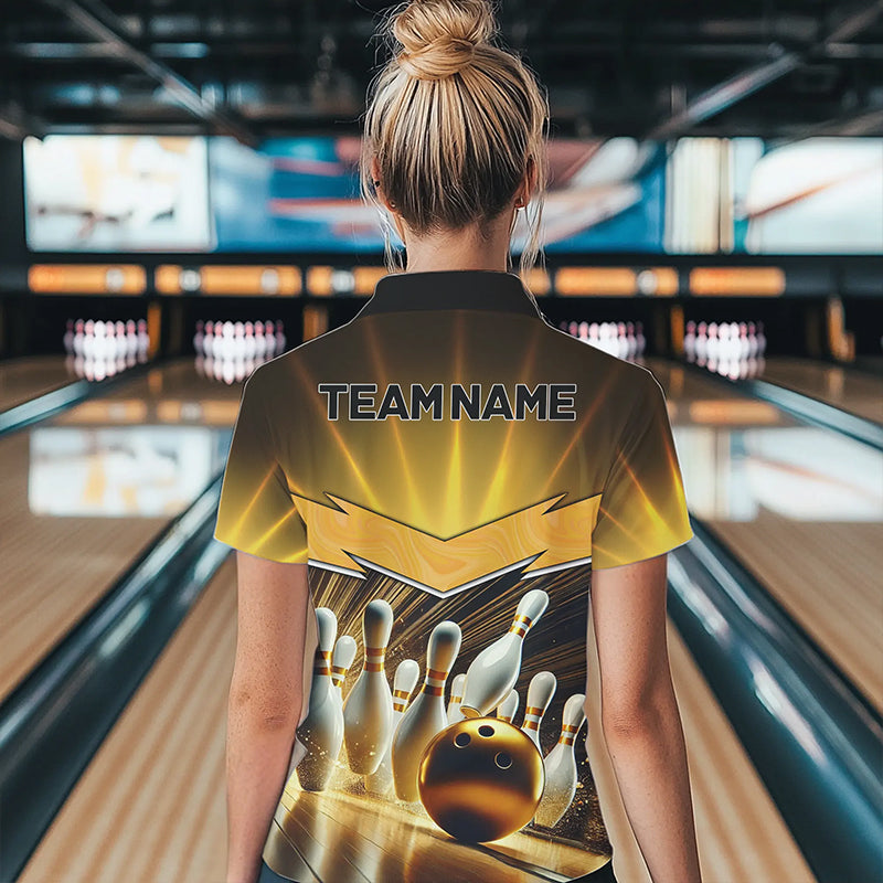 Custom Name Black And Gold Bowling Jerseys For Women, Bowling Team Polo, Quarter-Zip Shirts NQS9745