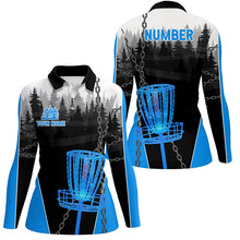 Load image into Gallery viewer, Womens Disc golf polo shirts custom black chain disc golf jerseys, disc golf outfit | Blue NQS7517