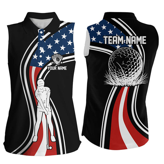 Black American flag custom Womens sleeveless polo shirts, personalized patriot golf gifts for ladies NQS7896