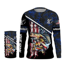 Load image into Gallery viewer, American Flag Walleye fishing blue camo Custom Name UV Protection Fishing Shirts NQS3641
