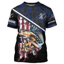 Load image into Gallery viewer, American Flag Walleye fishing blue camo Custom Name UV Protection Fishing Shirts NQS3641