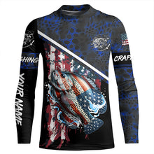 Load image into Gallery viewer, American Flag crappie fishing blue camo Custom Name Fishing Shirts UV Protection NQS3643