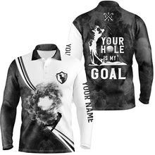 Load image into Gallery viewer, Your hole is my goal custom name black and white smoke Mens golf polo shirt, best mens golf apparel NQS6007