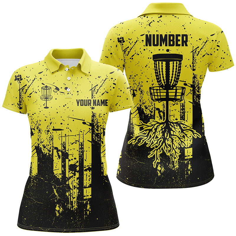 Black & yellow grunge pattern Women Disc golf polo shirt custom disc golf jerseys, disc golf attire NQS8101