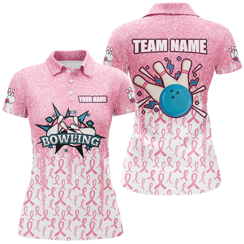 Pink glitter ribbon Women Bowing Polo, 1/4 Zip Shirts Custom Breast Cancer Awareness bowling jerseys NQS8103