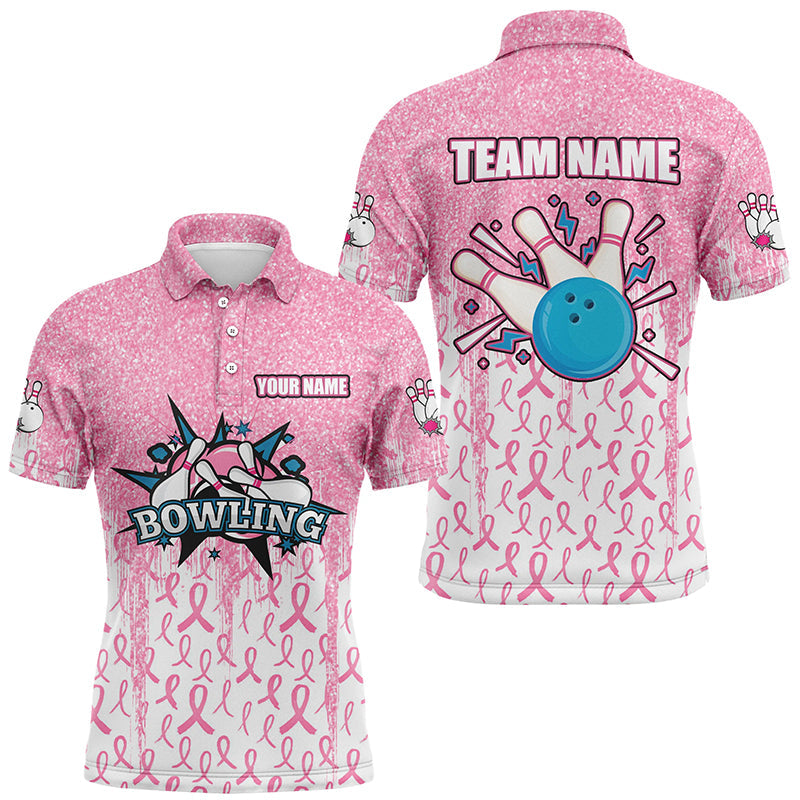 Pink glitter ribbon Men Bowing Polo, 1/4 Zip Shirts Custom Breast Cancer Awareness bowling jerseys NQS8103
