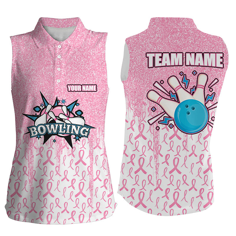Pink glitter ribbon Women Sleeveless Polo Shirt Custom Breast Cancer Awareness bowling jerseys NQS8103