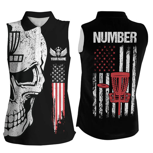 Black American flag Womens sleeveless disc golf polo shirts custom patriotic disc golf skull apparel NQS6205