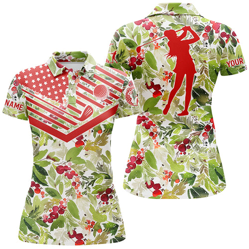 Womens golf polo shirt Christmas pattern American flag custom name golf shirt NQS4185