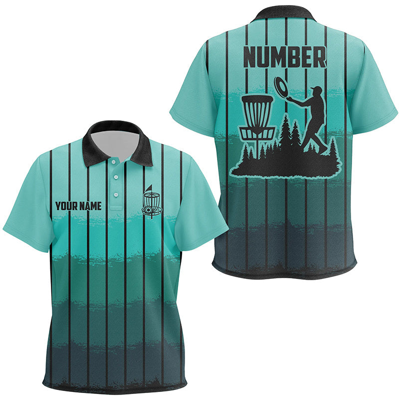 Mint Blue stripe Retro disc golf polo shirt for Kid custom name and number disc golf jerseys NQS8780