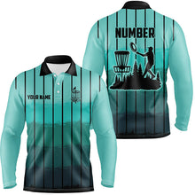 Load image into Gallery viewer, Mint Blue stripe Retro disc golf polo shirts for men custom name and number disc golf jerseys NQS8780