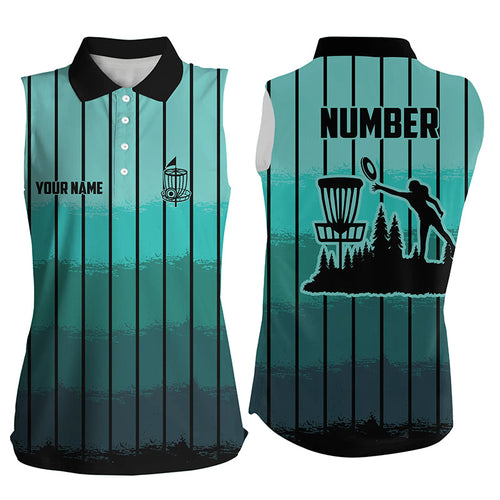 Mint Blue stripe Retro disc golf sleeveless polo shirt custom name and number disc golf jerseys NQS8780