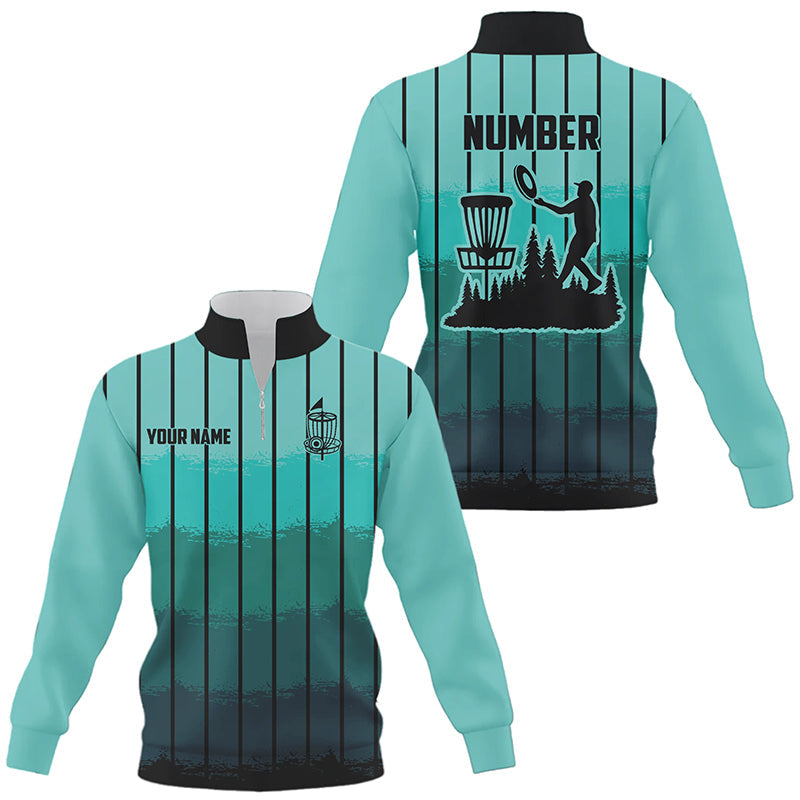 Mint Blue stripe Retro disc golf Quarter zip sweatshirt custom name and number disc golf sweater NQS8780