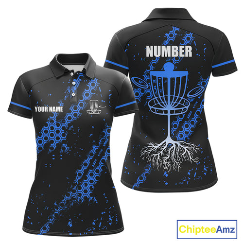 Black and Blue Hexagon Pattern Womens Disc golf polo shirts custom Team disc golf jerseys NQS10930