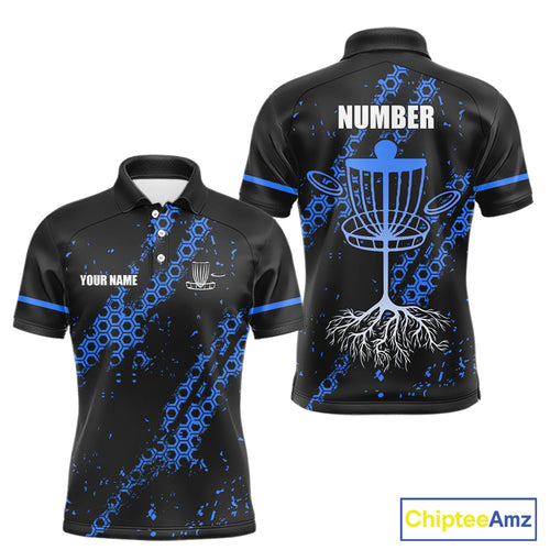 Black and Blue Hexagon Pattern Mens Disc golf polo shirts custom Team disc golf jerseys NQS10930