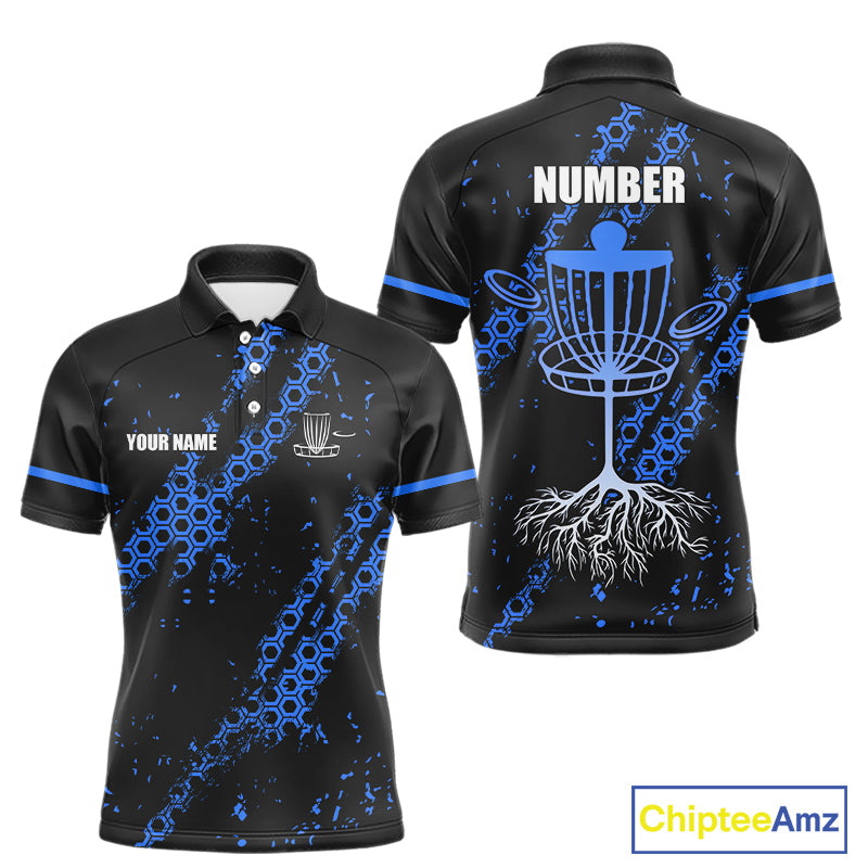 Black and Blue Hexagon Pattern Mens Disc golf polo shirts custom Team disc golf jerseys NQS10930