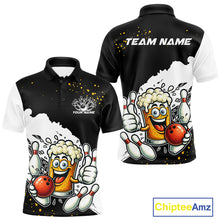 Load image into Gallery viewer, Funny Beer Glass Black and White Bowling Polo, 1/4 Zip Shirts for Men Custom Bowling Team Jersey NQS10933